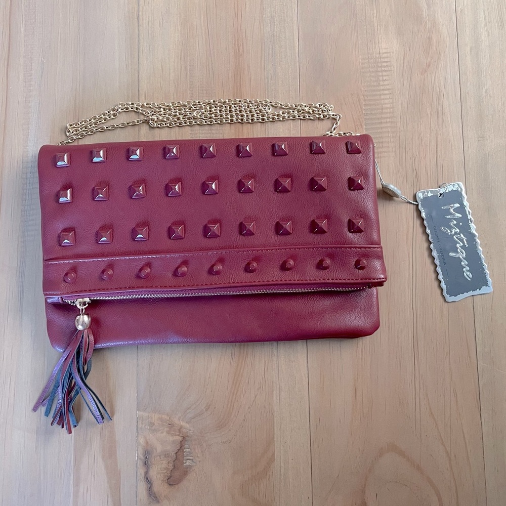 Maroon Studded Flap Convertible Clutch Tassel Zipper
